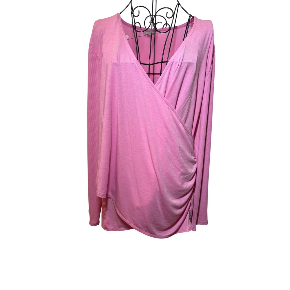 T by Talbots NWT Pink Faux Wrap Long Sleeve Top V-Neck Ribbed Mixed Media XL